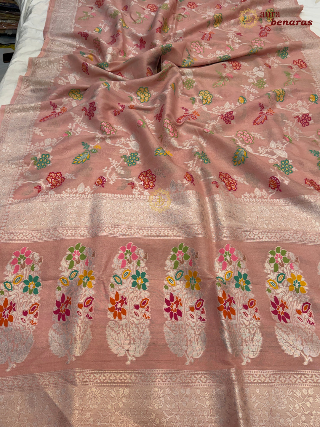  Patel Peach Tussar Georgette Banarasi Saree with Tilfi Meenakari