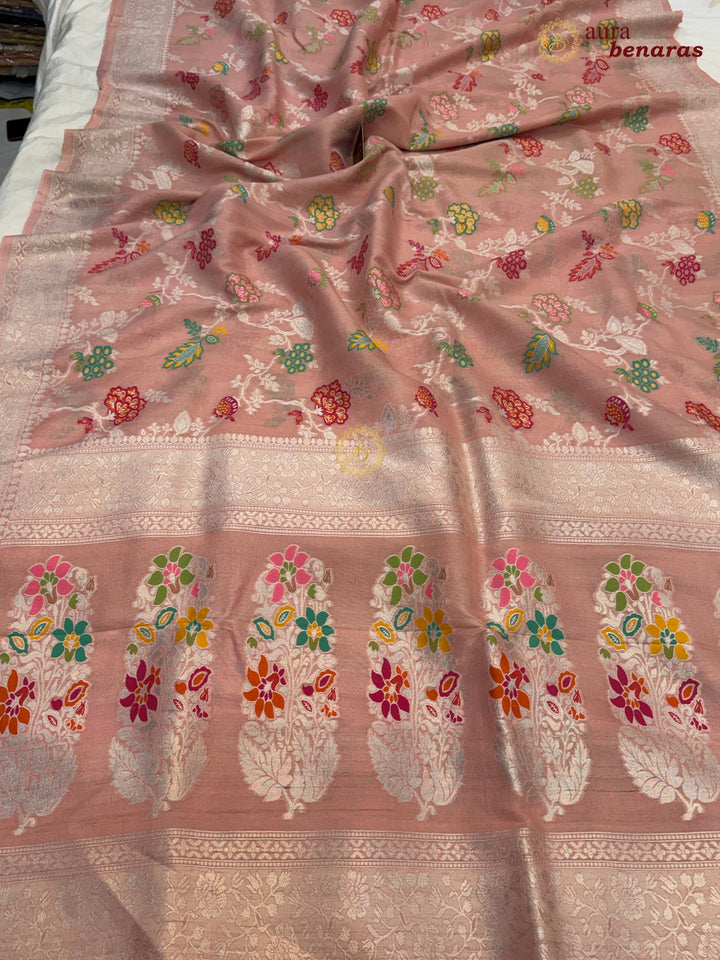  Patel Peach Tussar Georgette Banarasi Saree with Tilfi Meenakari