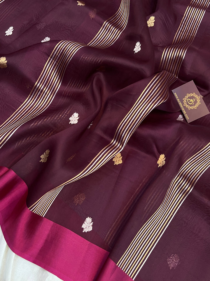 Wine Pure Kora Silk Banarasi Saree with Zari stripes