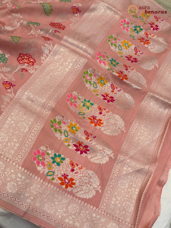  Patel Peach Tussar Georgette Banarasi Saree with Tilfi Meenakari
