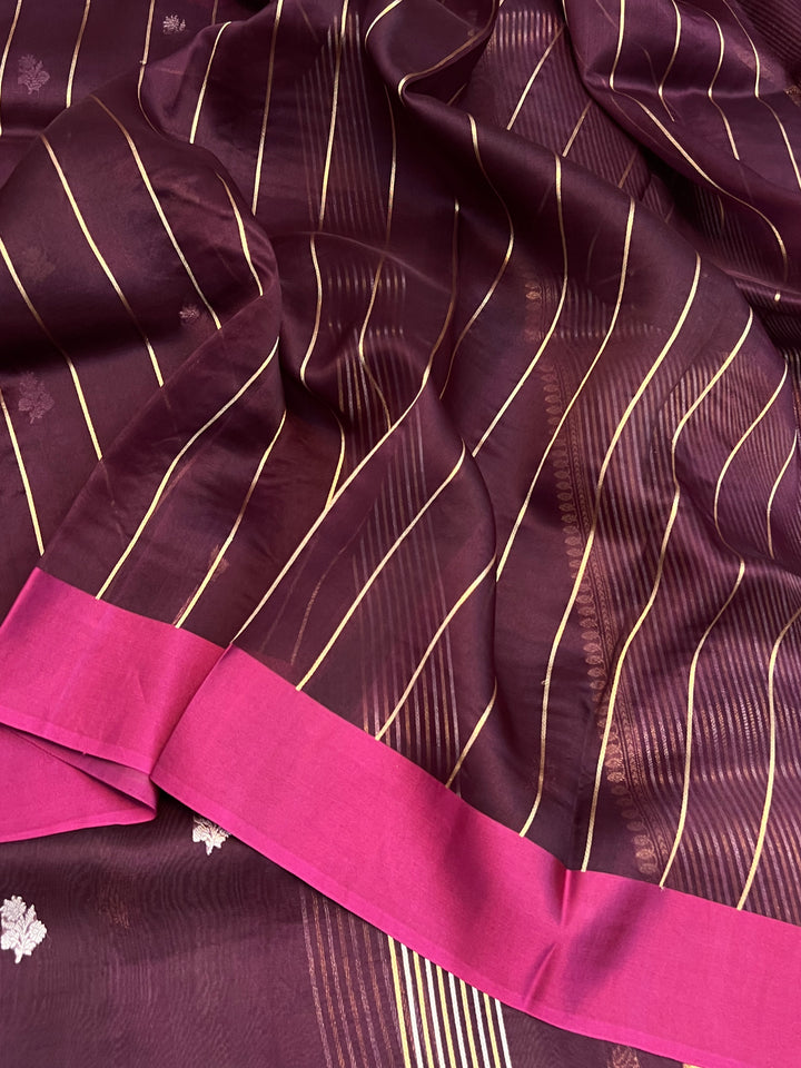 Wine Pure Kora Silk Banarasi Saree with Zari stripes