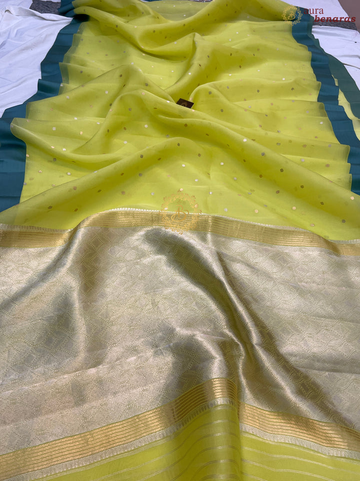 Neon Yellow Pure Banarasi Handloom Kora Silk Saree with Kadhwa Buti & Mashru Border