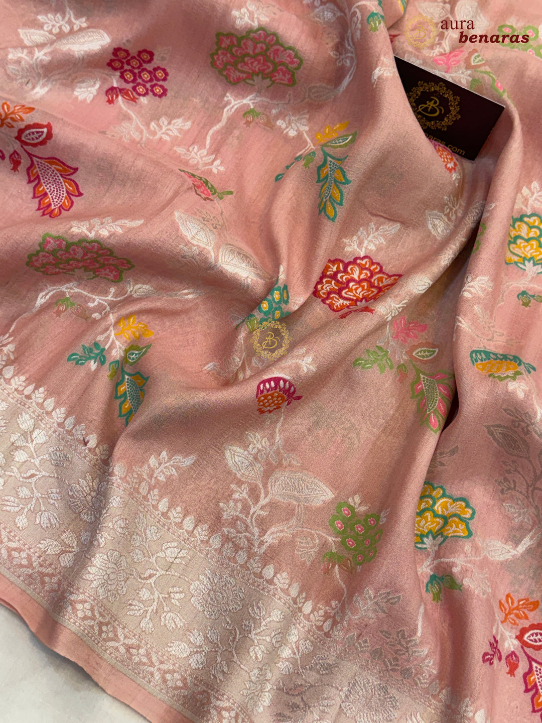  Patel Peach Tussar Georgette Banarasi Saree with Tilfi Meenakari