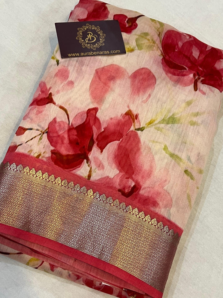 White Banarasi Handloom Chiniya Silk Saree - Aura Benaras