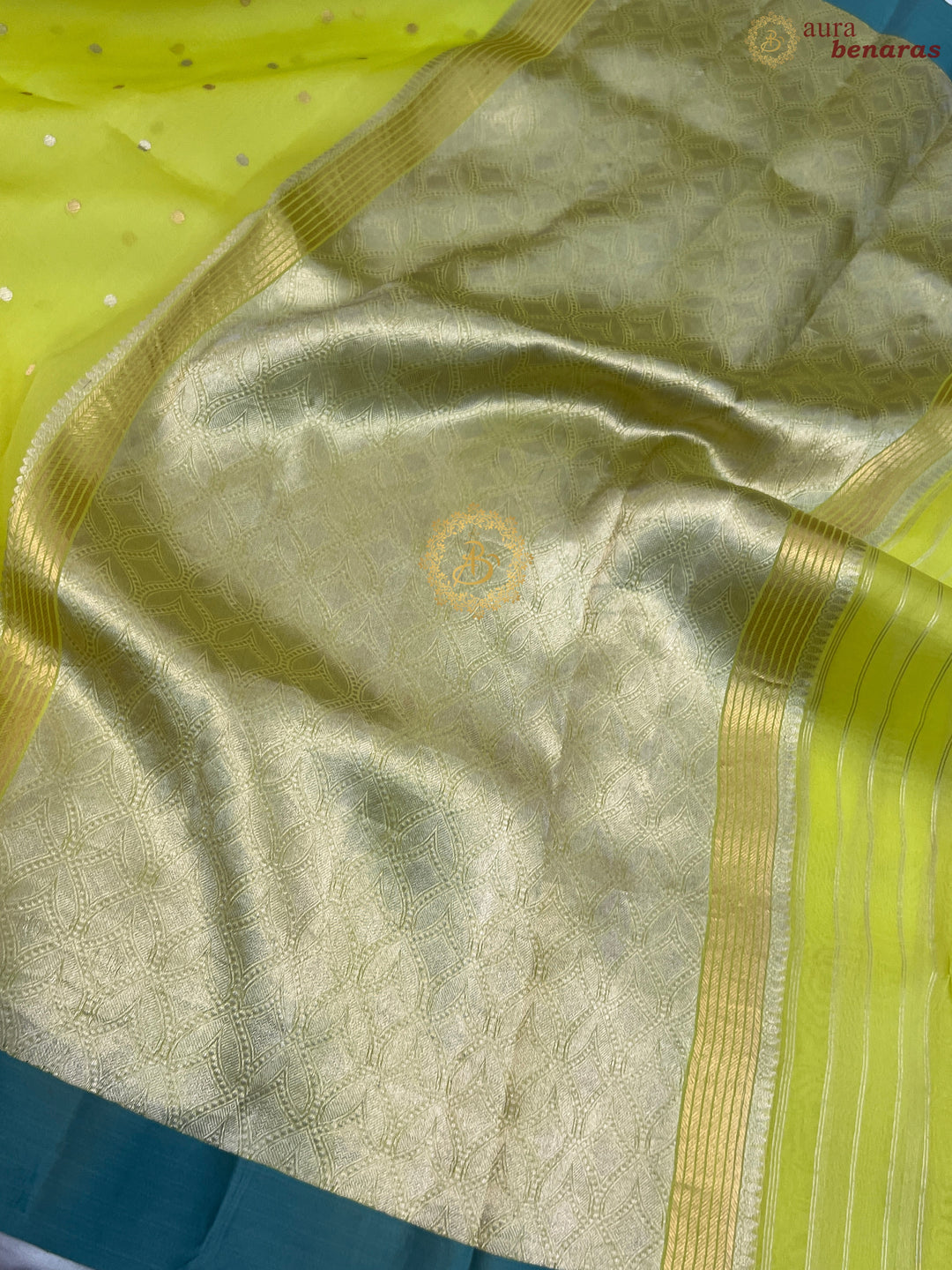 Neon Yellow Pure Banarasi Handloom Kora Silk Saree with Kadhwa Buti & Mashru Border