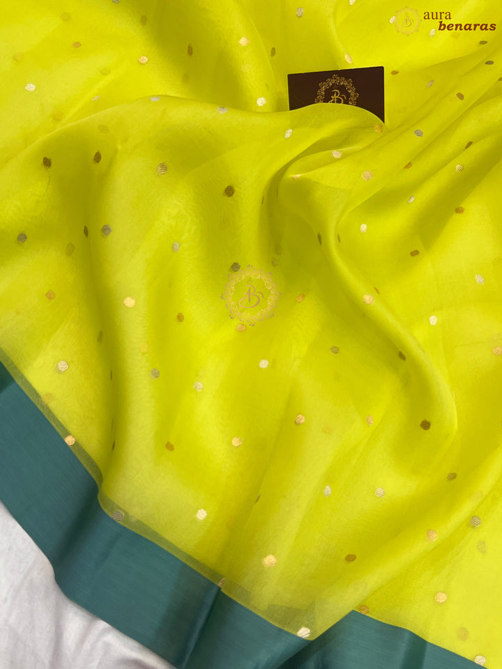 Neon Yellow Pure Banarasi Handloom Kora Silk Saree with Kadhwa Buti & Mashru Border