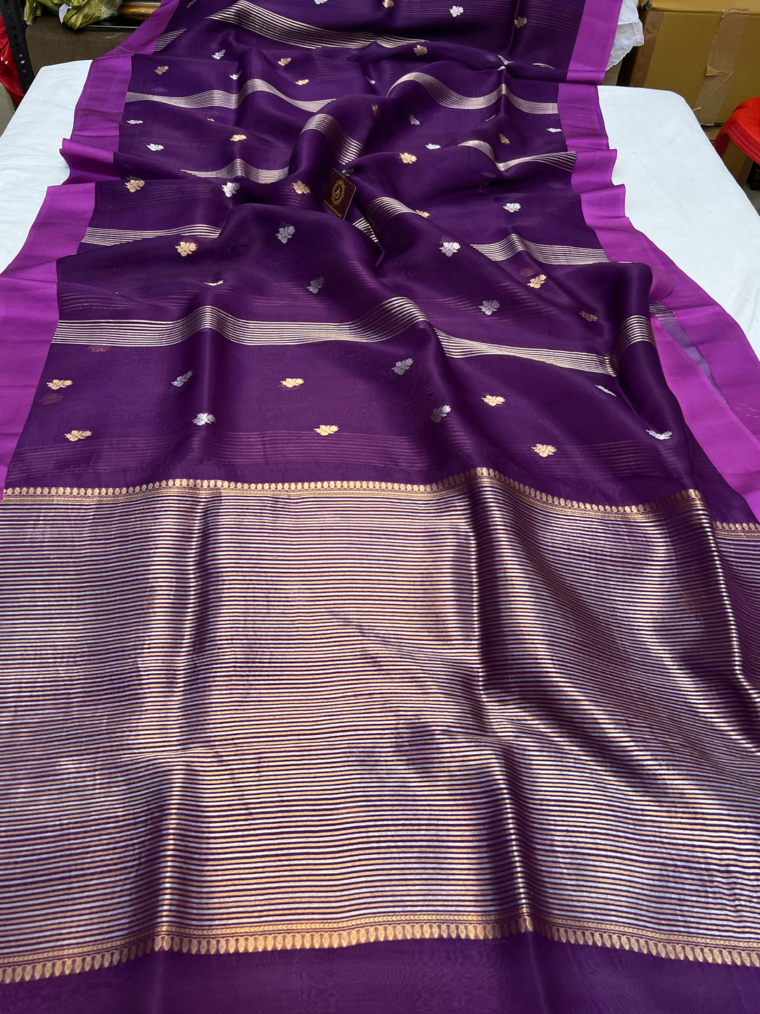 Purple Pure Kora Silk Banarasi Saree with Zari stripes