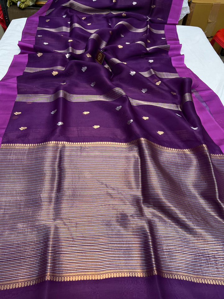 Purple Pure Kora Silk Banarasi Saree with Zari stripes