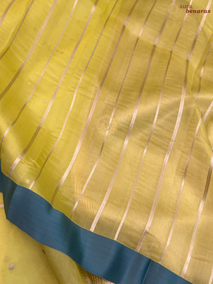 Neon Yellow Pure Banarasi Handloom Kora Silk Saree with Kadhwa Buti & Mashru Border