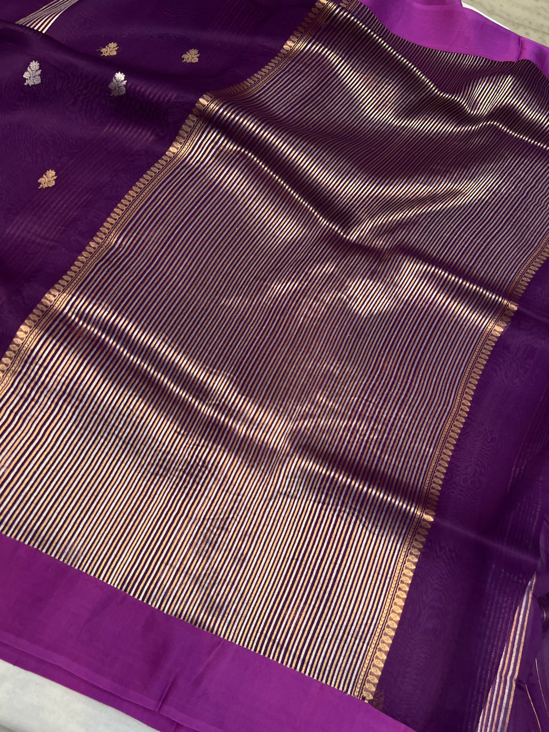 Purple Pure Kora Silk Banarasi Saree with Zari stripes