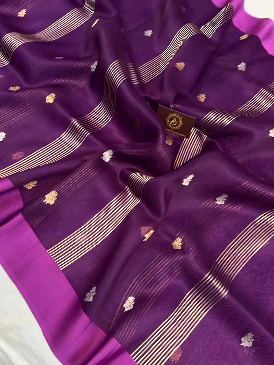 Purple Pure Kora Silk Banarasi Saree with Zari stripes