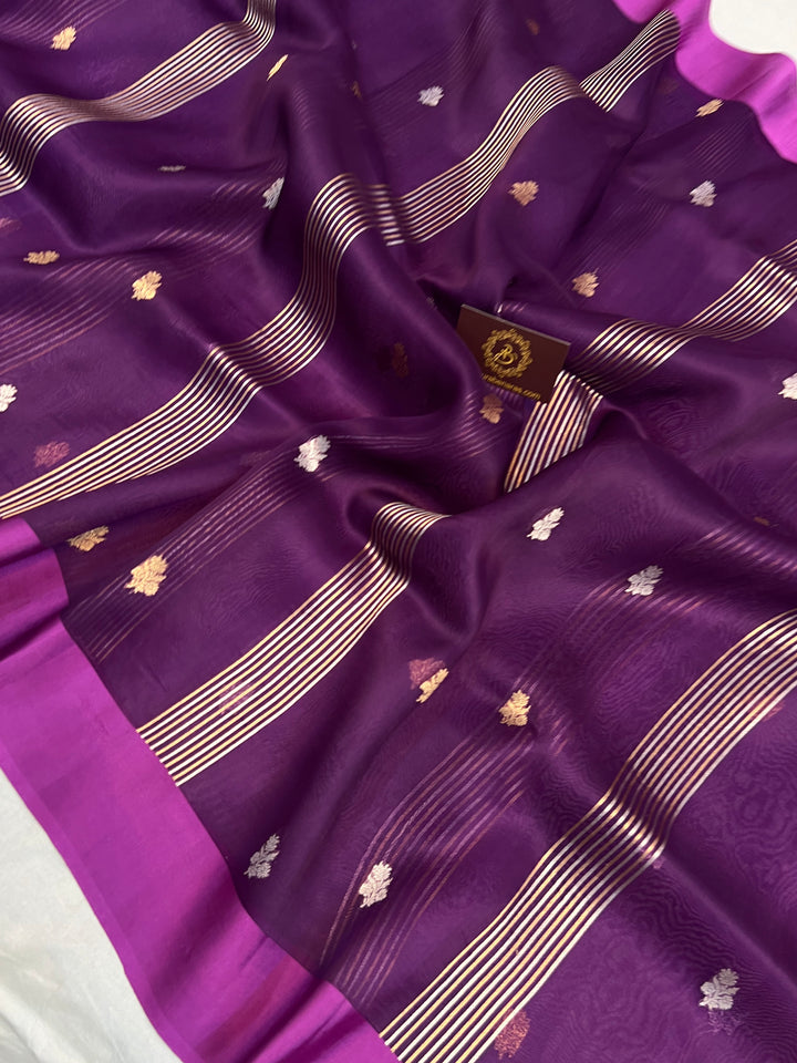 Purple Pure Kora Silk Banarasi Saree with Zari stripes