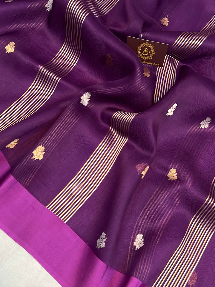 Purple Pure Kora Silk Banarasi Saree with Zari stripes