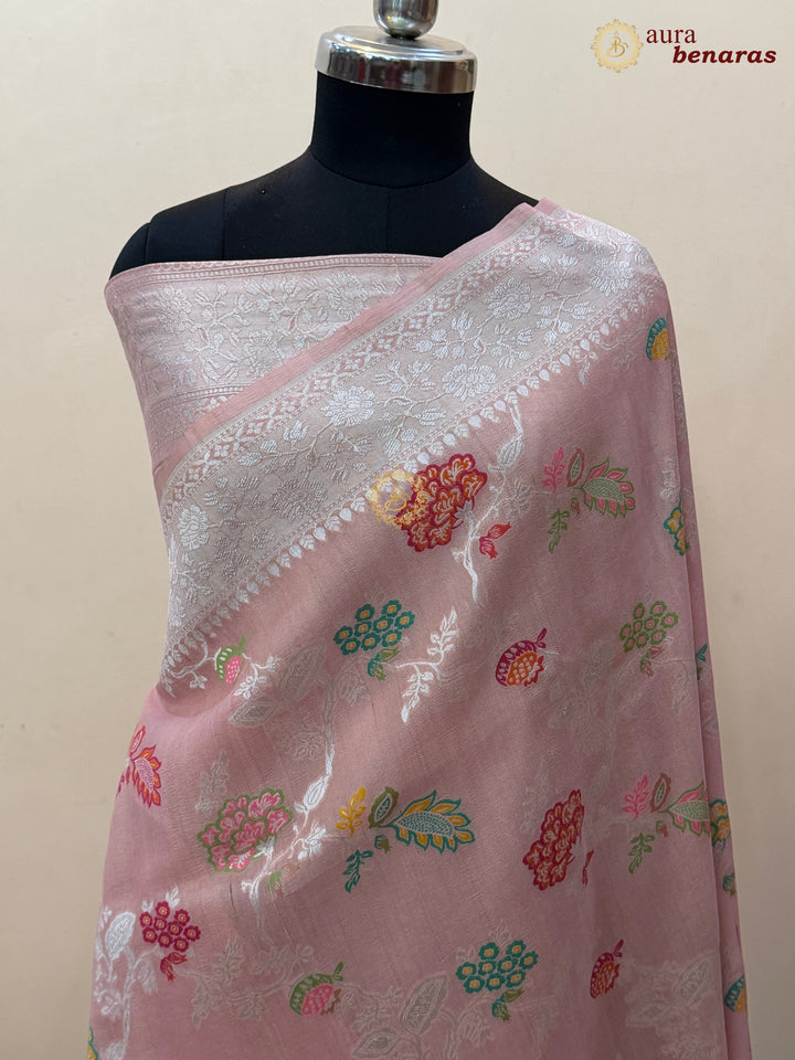  Patel Peach Tussar Georgette Banarasi Saree with Tilfi Meenakari