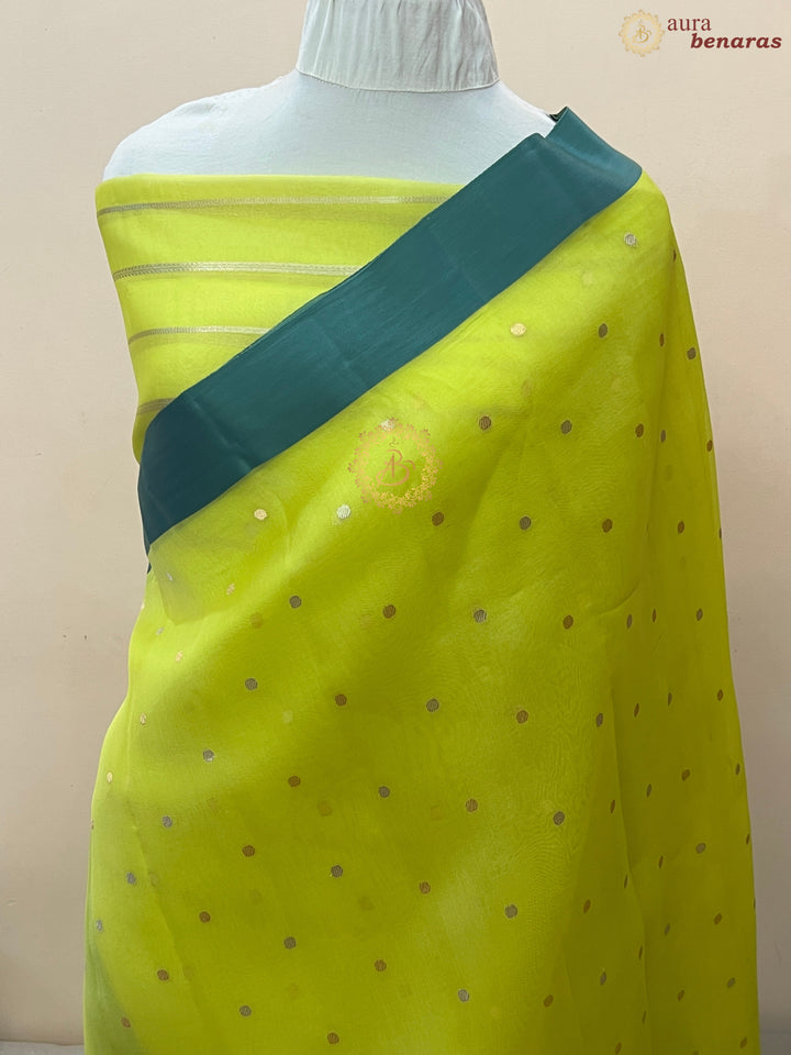 Neon Yellow Pure Banarasi Handloom Kora Silk Saree with Kadhwa Buti & Mashru Border
