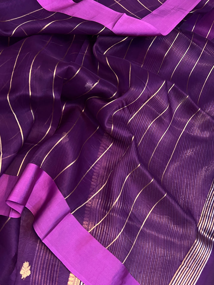 Purple Pure Kora Silk Banarasi Saree with Zari stripes