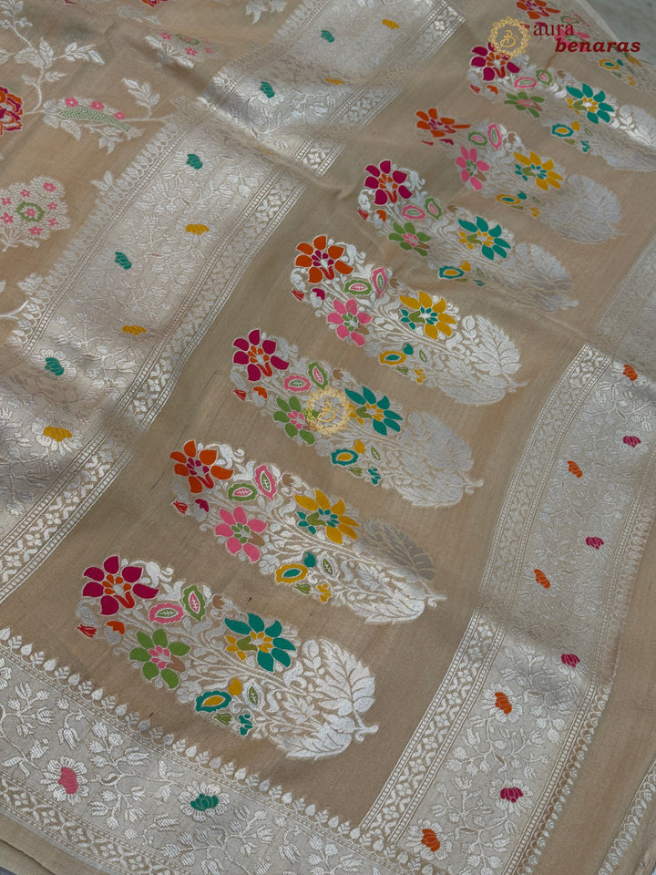  Beige Tussar Georgette Banarasi Saree with Tilfi Meenakari