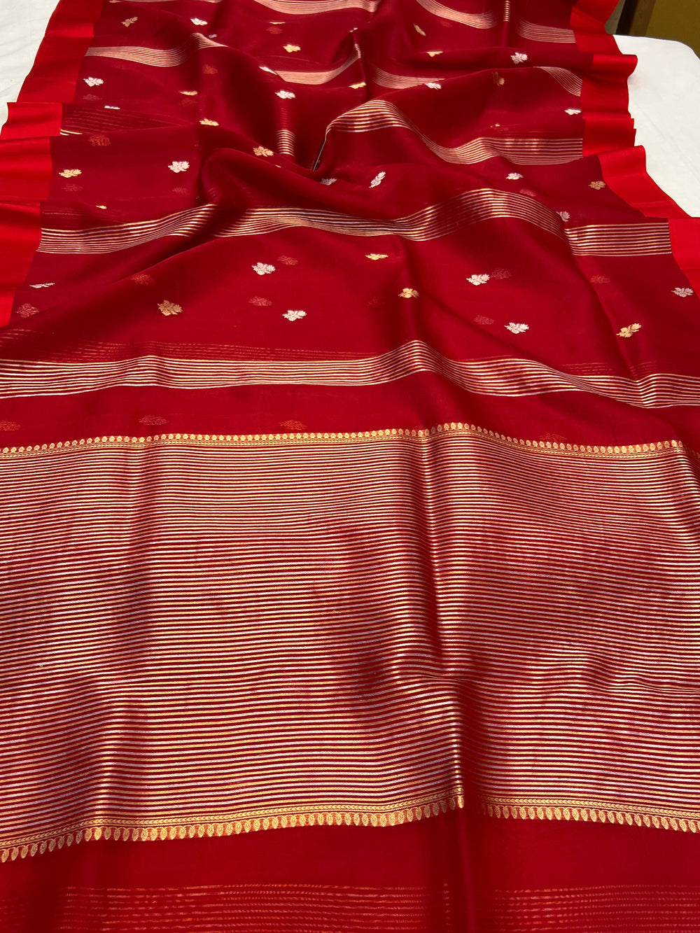Red Pure Kora Silk Banarasi Saree with Zari stripes