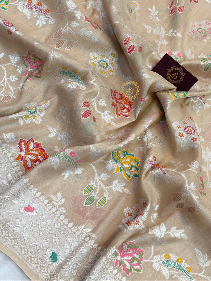  Beige Tussar Georgette Banarasi Saree with Tilfi Meenakari