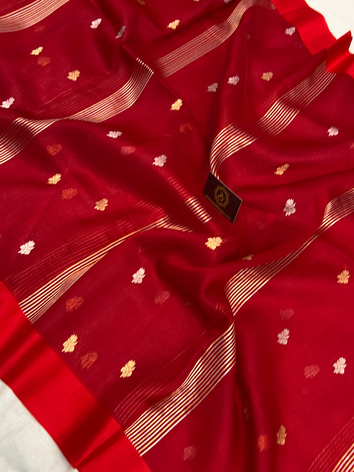 Red Pure Kora Silk Banarasi Saree with Zari stripes