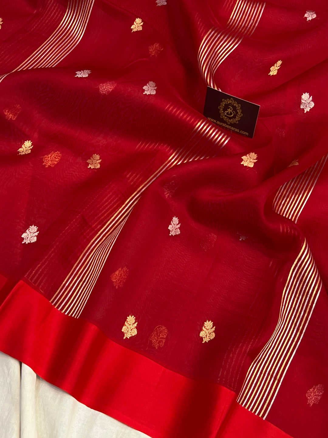 Red Pure Kora Silk Banarasi Saree with Zari stripes