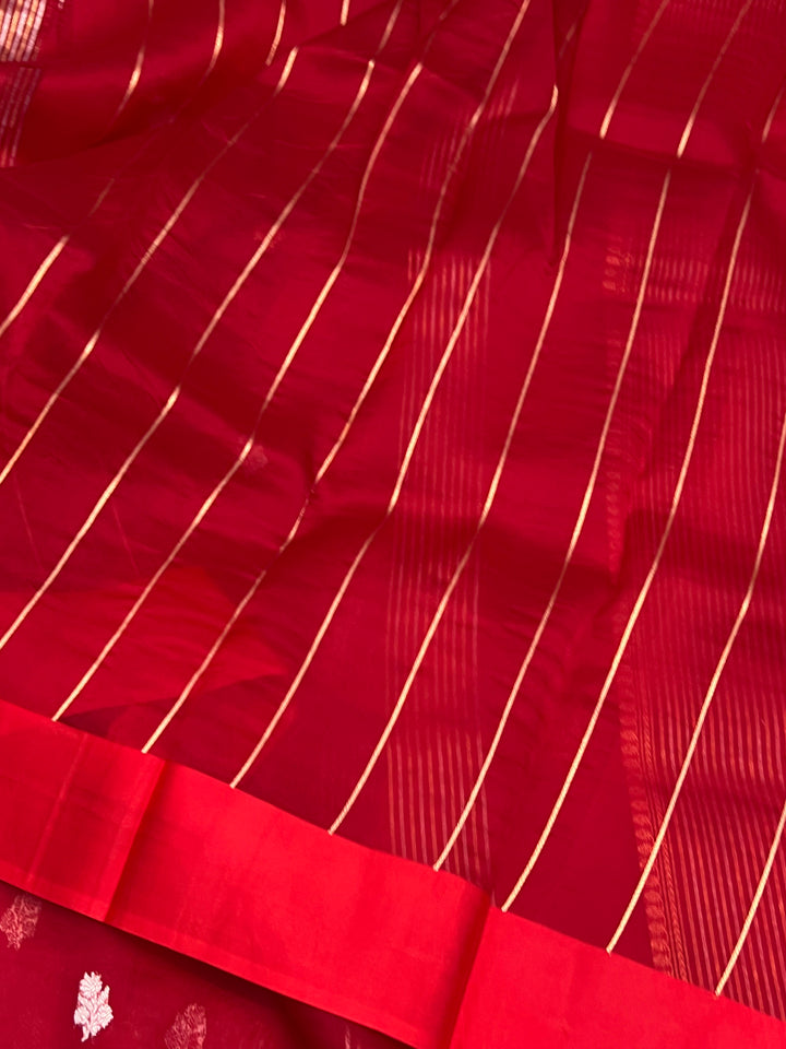 Red Pure Kora Silk Banarasi Saree with Zari stripes