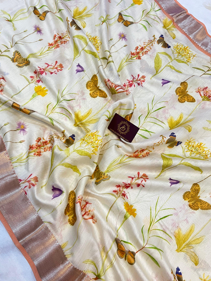 Cream Banarasi Handloom Chiniya Silk Saree - Aura Benaras