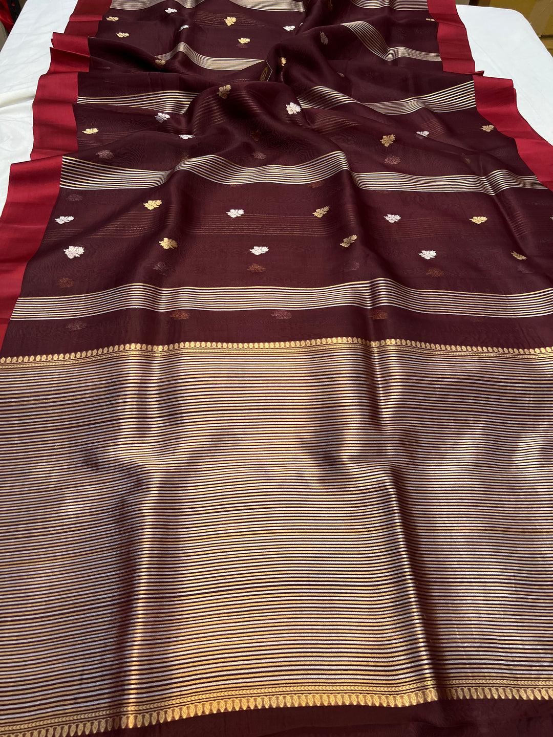 Maroon Pure Kora Silk Banarasi Saree with Zari stripes