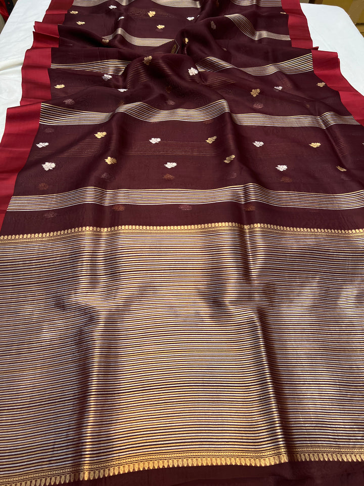Maroon Pure Kora Silk Banarasi Saree with Zari stripes