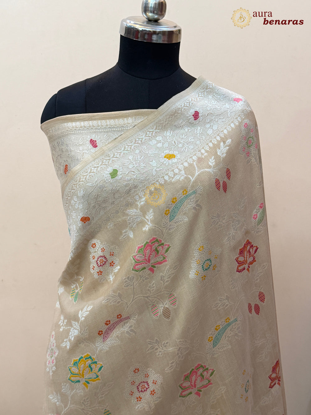  Beige Tussar Georgette Banarasi Saree with Tilfi Meenakari