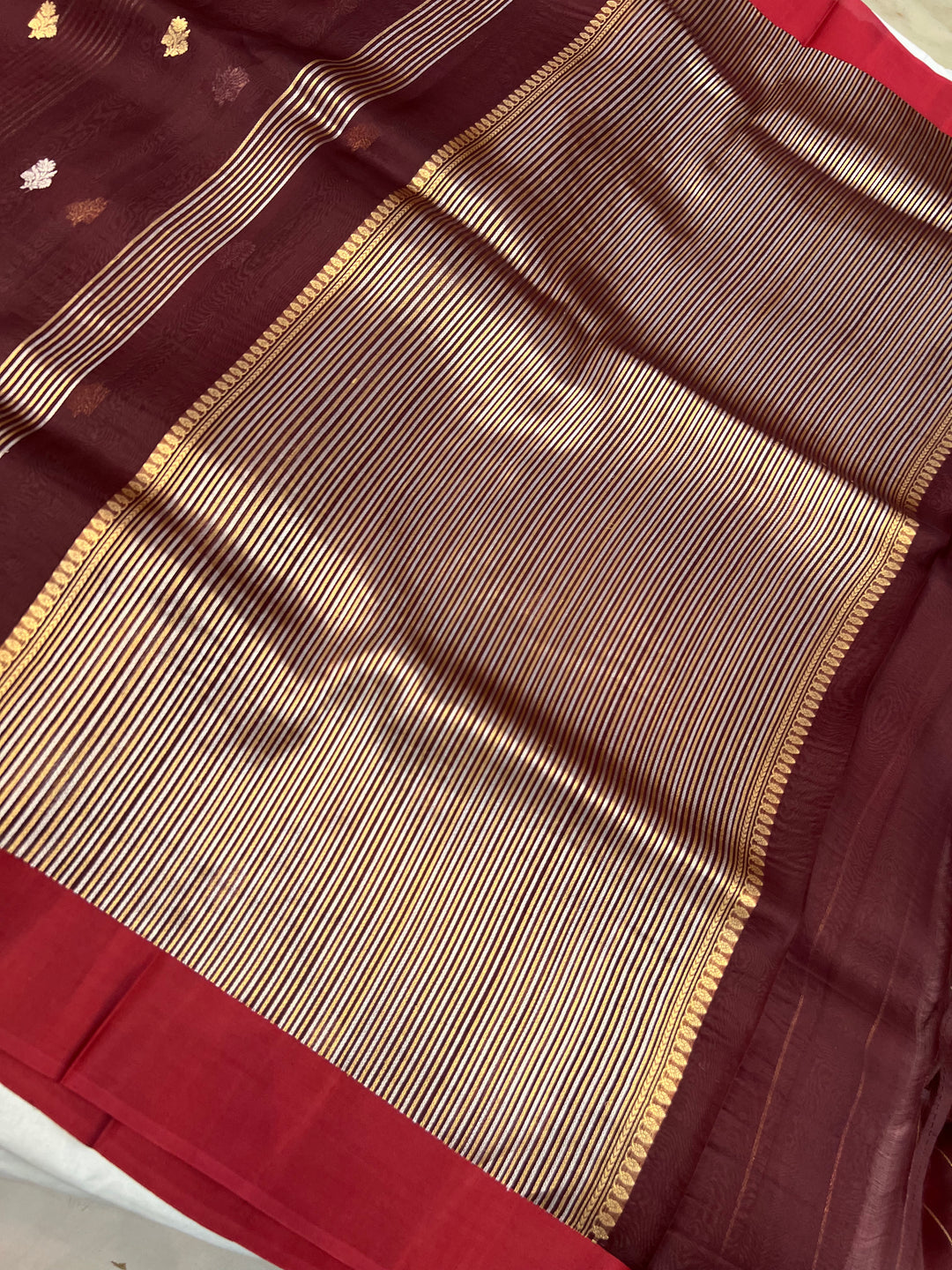 Maroon Pure Kora Silk Banarasi Saree with Zari stripes