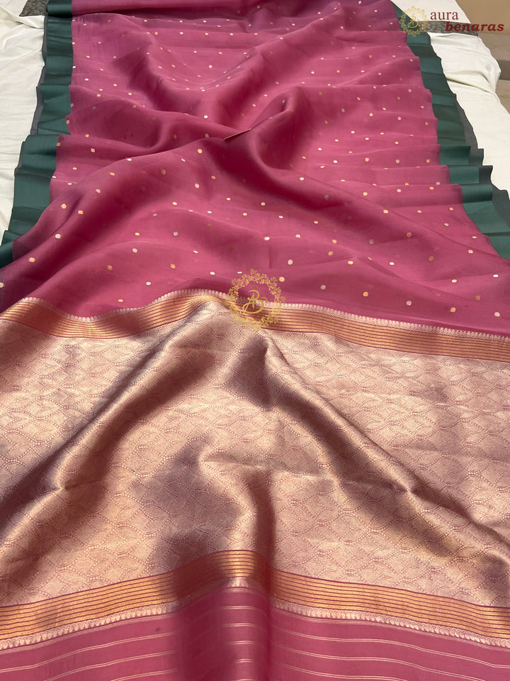 Onion Pink Pure Banarasi Handloom Kora Silk Saree with Kadhwa Buti & Mashru Border