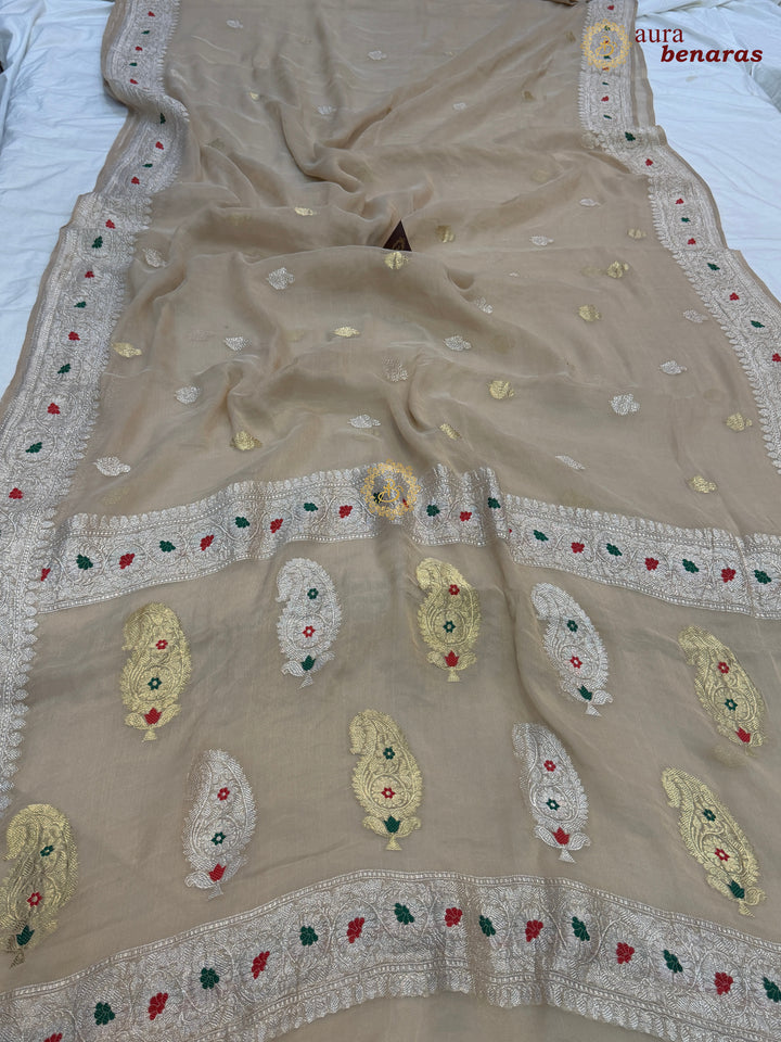Cream Chiffon Tissue Silk Banarasi Saree with Sona Rupa