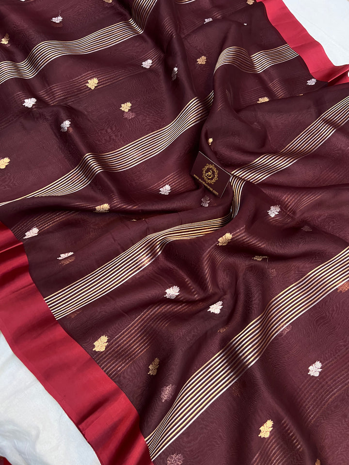 Maroon Pure Kora Silk Banarasi Saree with Zari stripes