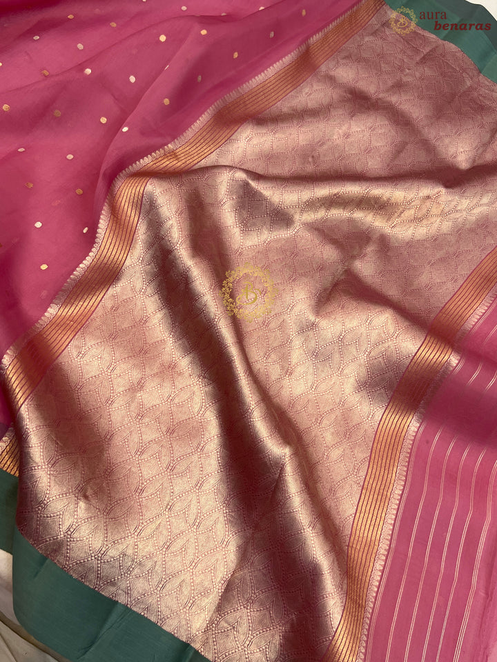 Onion Pink Pure Banarasi Handloom Kora Silk Saree with Kadhwa Buti & Mashru Border