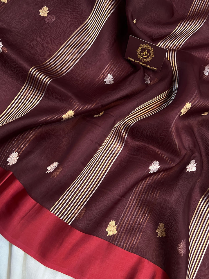 Maroon Pure Kora Silk Banarasi Saree with Zari stripes