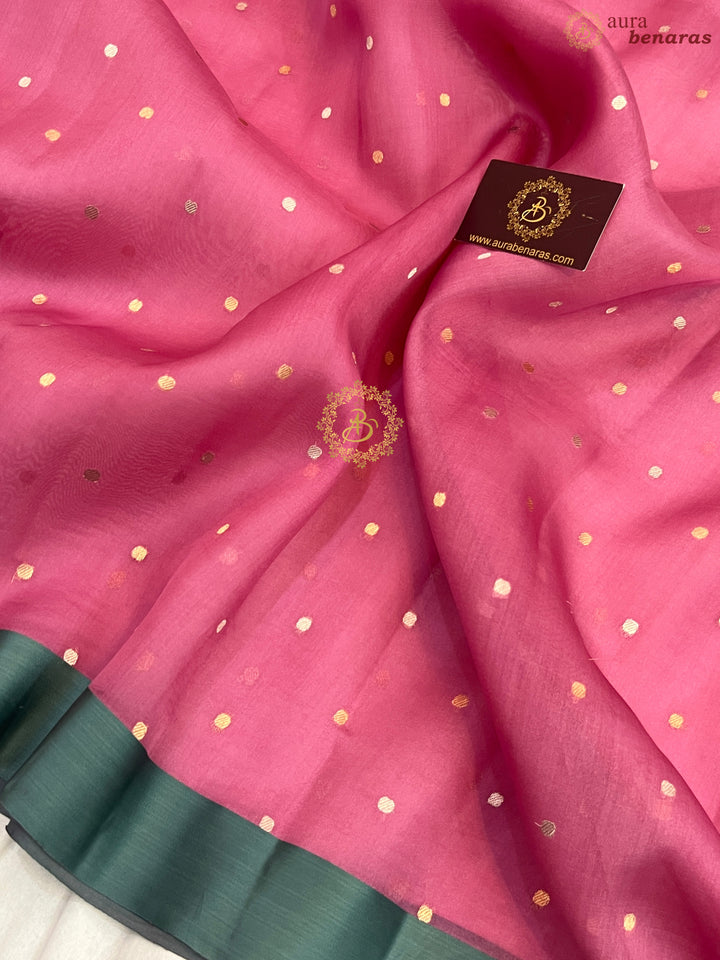 Onion Pink Pure Banarasi Handloom Kora Silk Saree with Kadhwa Buti & Mashru Border