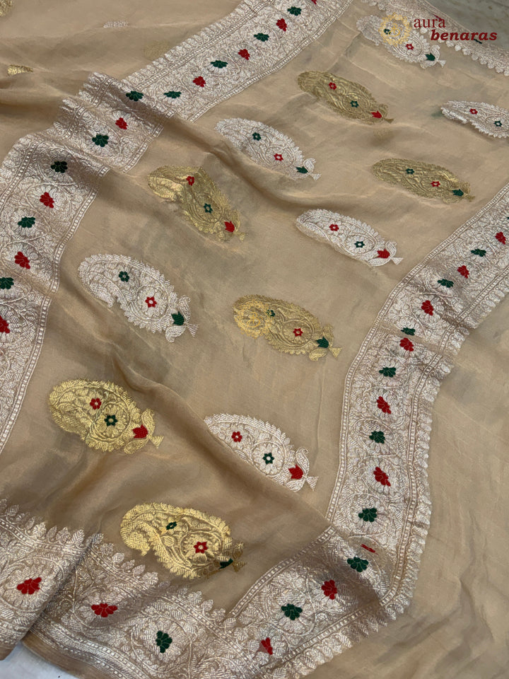 Cream Chiffon Tissue Silk Banarasi Saree with Sona Rupa
