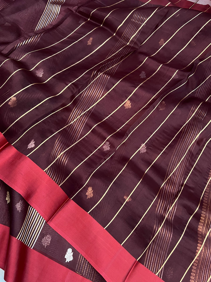 Maroon Pure Kora Silk Banarasi Saree with Zari stripes