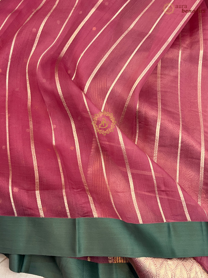 Onion Pink Pure Banarasi Handloom Kora Silk Saree with Kadhwa Buti & Mashru Border