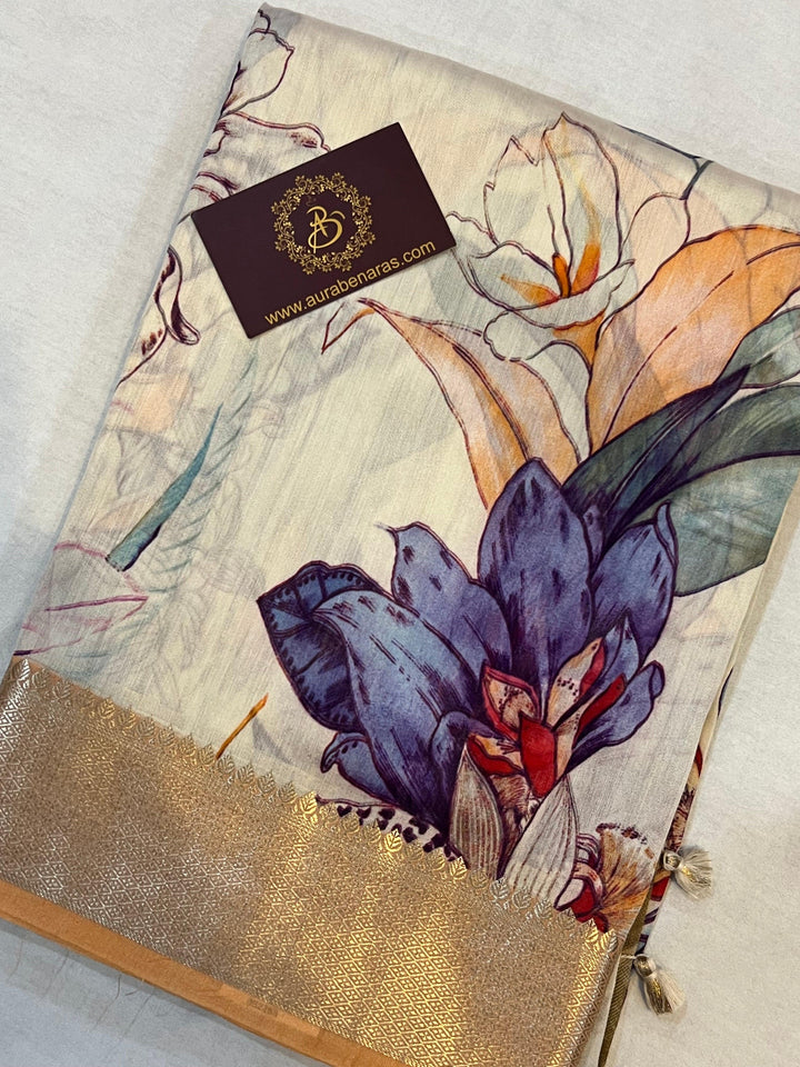 Cream Banarasi Handloom Chiniya Silk Saree - Aura Benaras