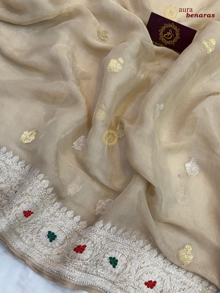 Cream Chiffon Tissue Silk Banarasi Saree with Sona Rupa