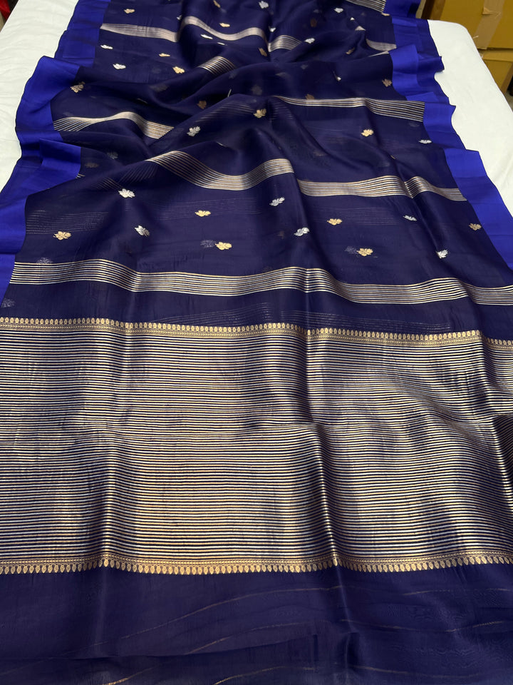 Navy Blue Pure Kora Silk Banarasi Saree with Zari stripes