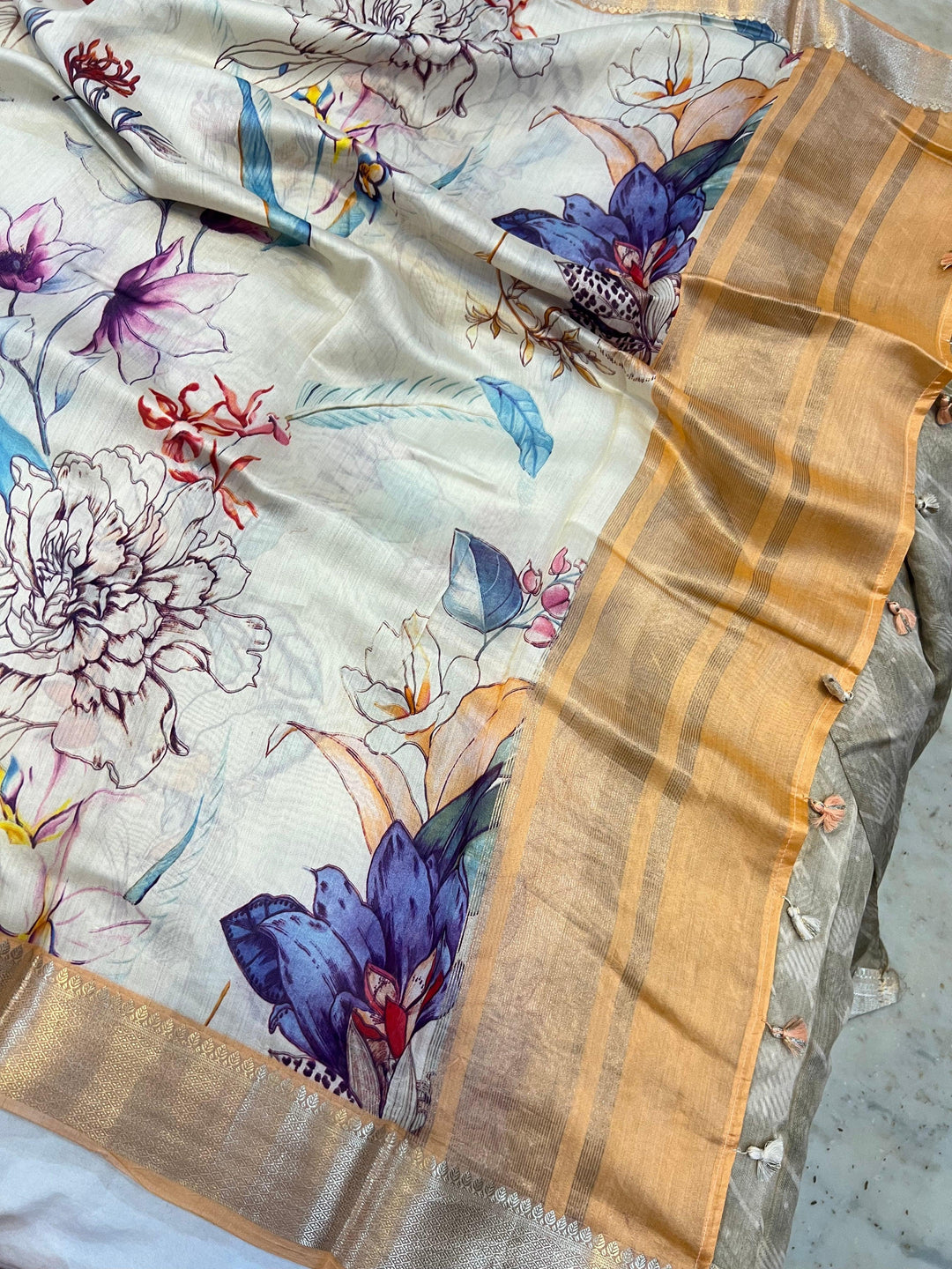 Off White Banarasi Handloom Chiniya Silk Saree