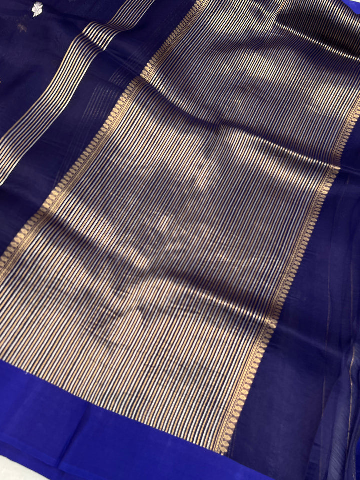 Navy Blue Pure Kora Silk Banarasi Saree with Zari stripes
