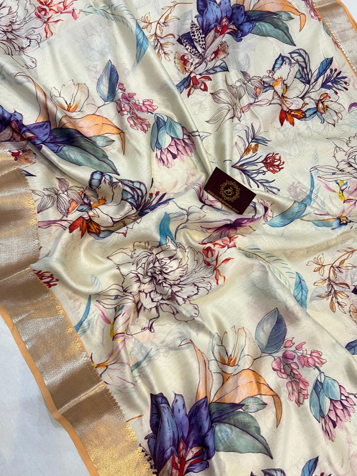 Cream Banarasi Handloom Chiniya Silk Saree - Aura Benaras