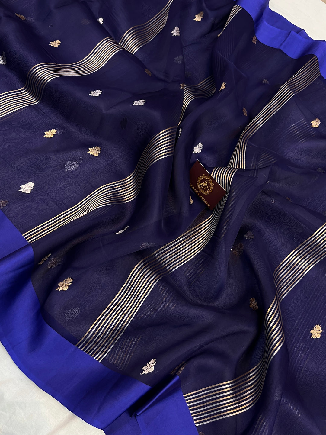 Navy Blue Pure Kora Silk Banarasi Saree with Zari stripes