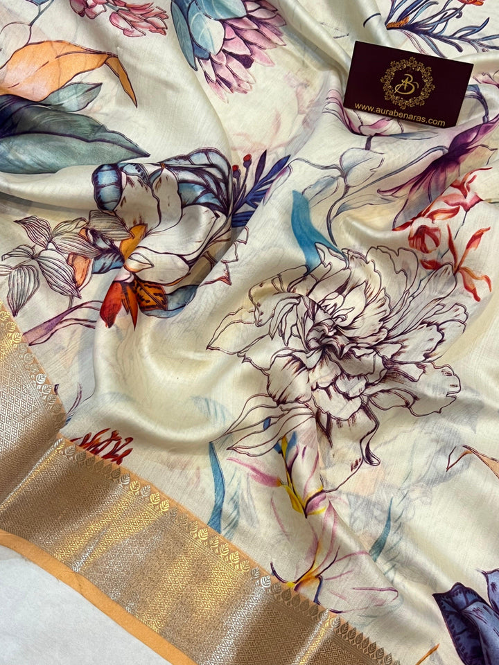 Cream Banarasi Handloom Chiniya Silk Saree - Aura Benaras