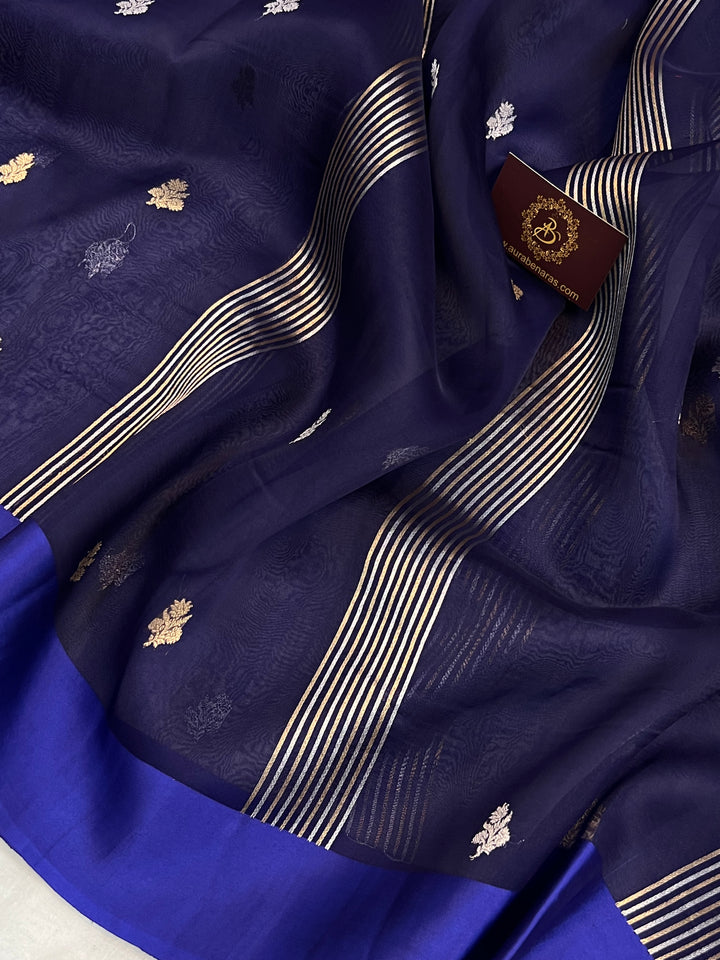 Navy Blue Pure Kora Silk Banarasi Saree with Zari stripes