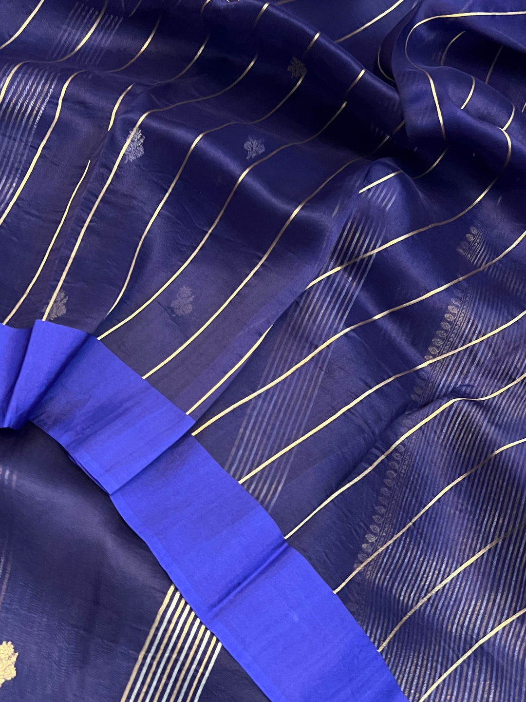 Navy Blue Pure Kora Silk Banarasi Saree with Zari stripes